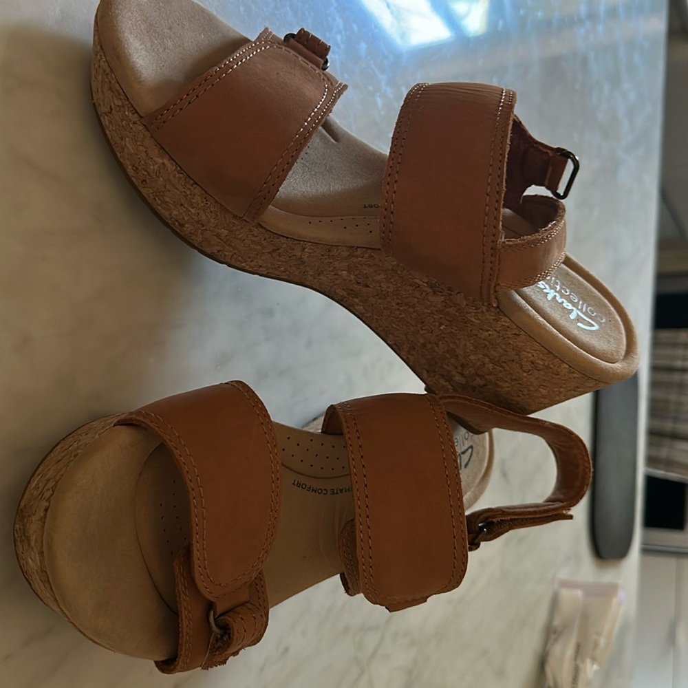 Clarks Tan Cork Wedge Sandals